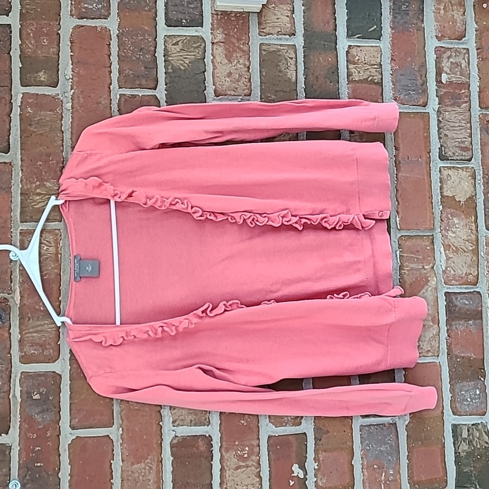 Ann Taylor Petite Pink Frilled Cardigan, Size Small